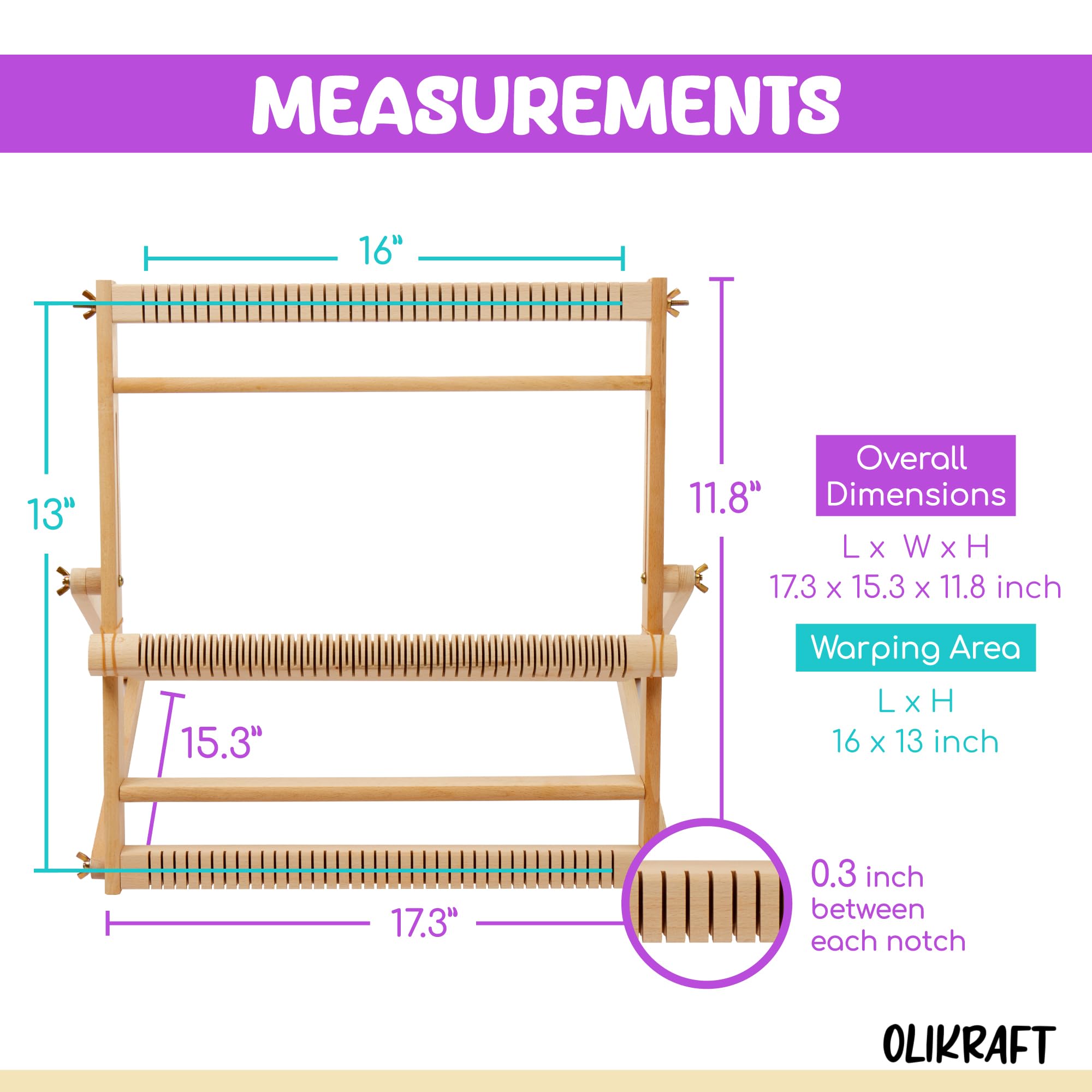 Olikraft Weaving Loom for Kids & Adults with Adjustable Stand - Wooden Loom. Weaving Kit. Telar. (Large)