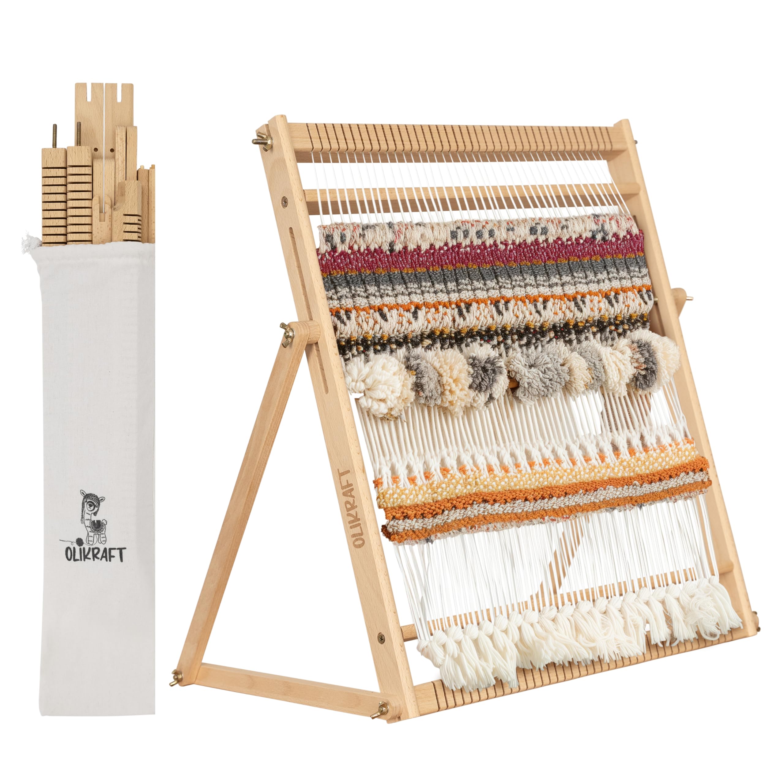 Olikraft Weaving Loom for Kids & Adults with Adjustable Stand - Wooden Loom. Weaving Kit. Telar. (Large)