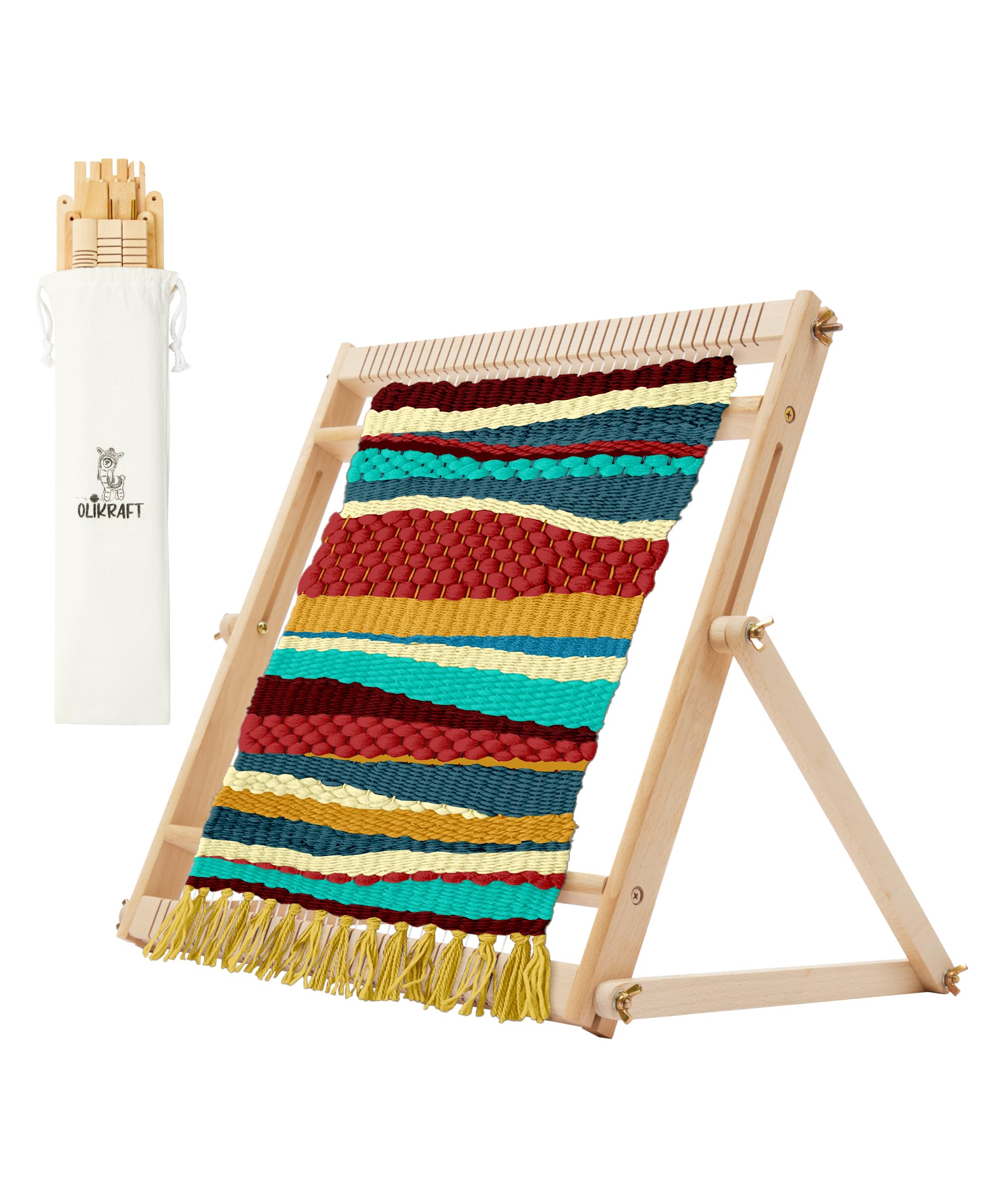 Olikraft Weaving Loom for Kids & Adults with Adjustable Stand - Wooden Loom. Weaving Kit. Telar. (Large)