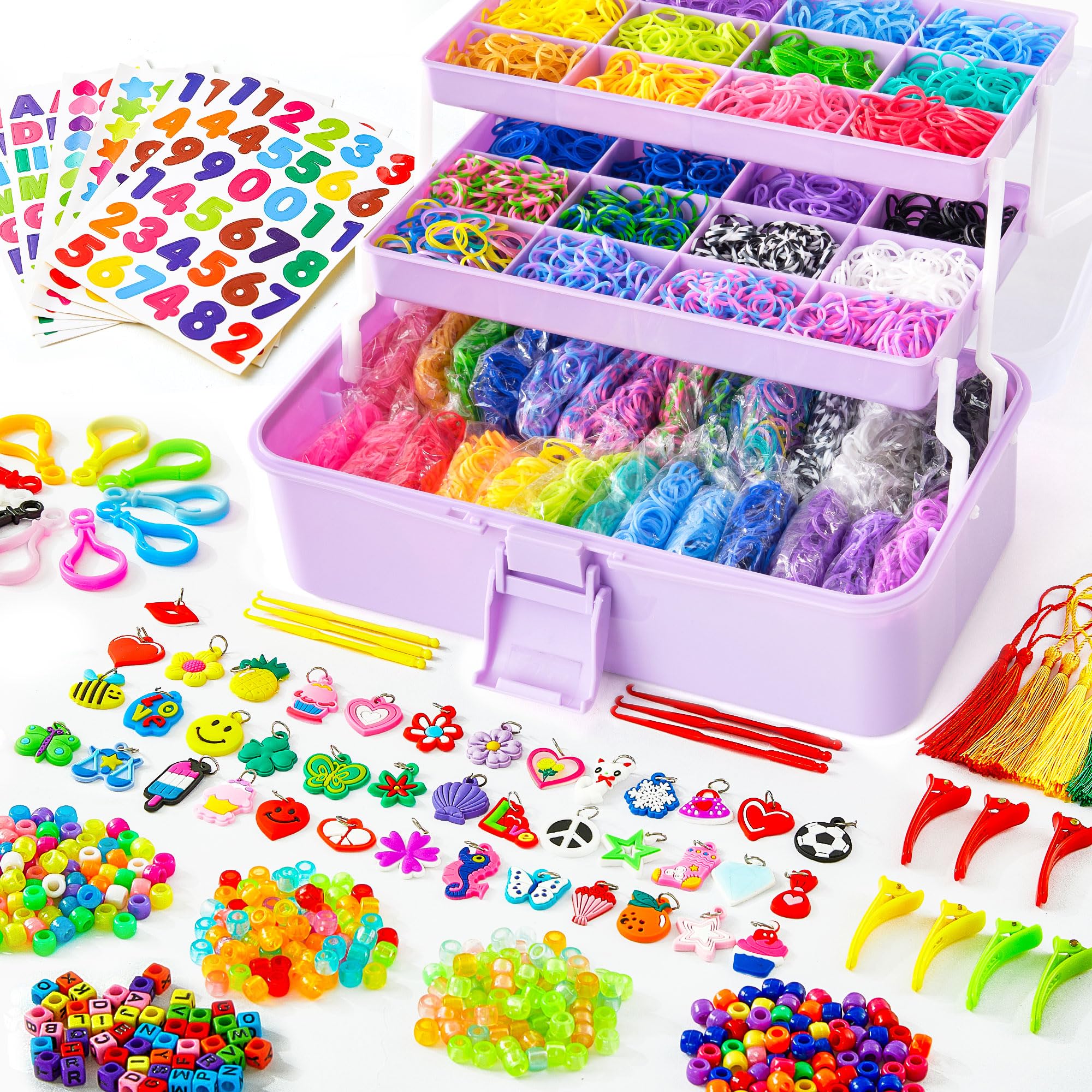 INSCRAFT 17500+ Rubber Loom Bands with 3 Layer Light Purple Container, 28 Colors, 600 S-Clips, 352 Beads, 40 Cartoon Pendant, Bracelet Making Refill Kit for Kids