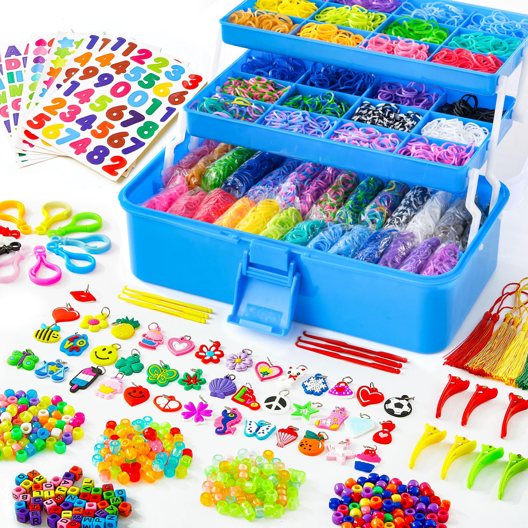 INSCRAFT 17500+ Rubber Loom Bands with 3 Layer Light Purple Container, 28 Colors, 600 S-Clips, 352 Beads, 40 Cartoon Pendant, Bracelet Making Refill Kit for Kids