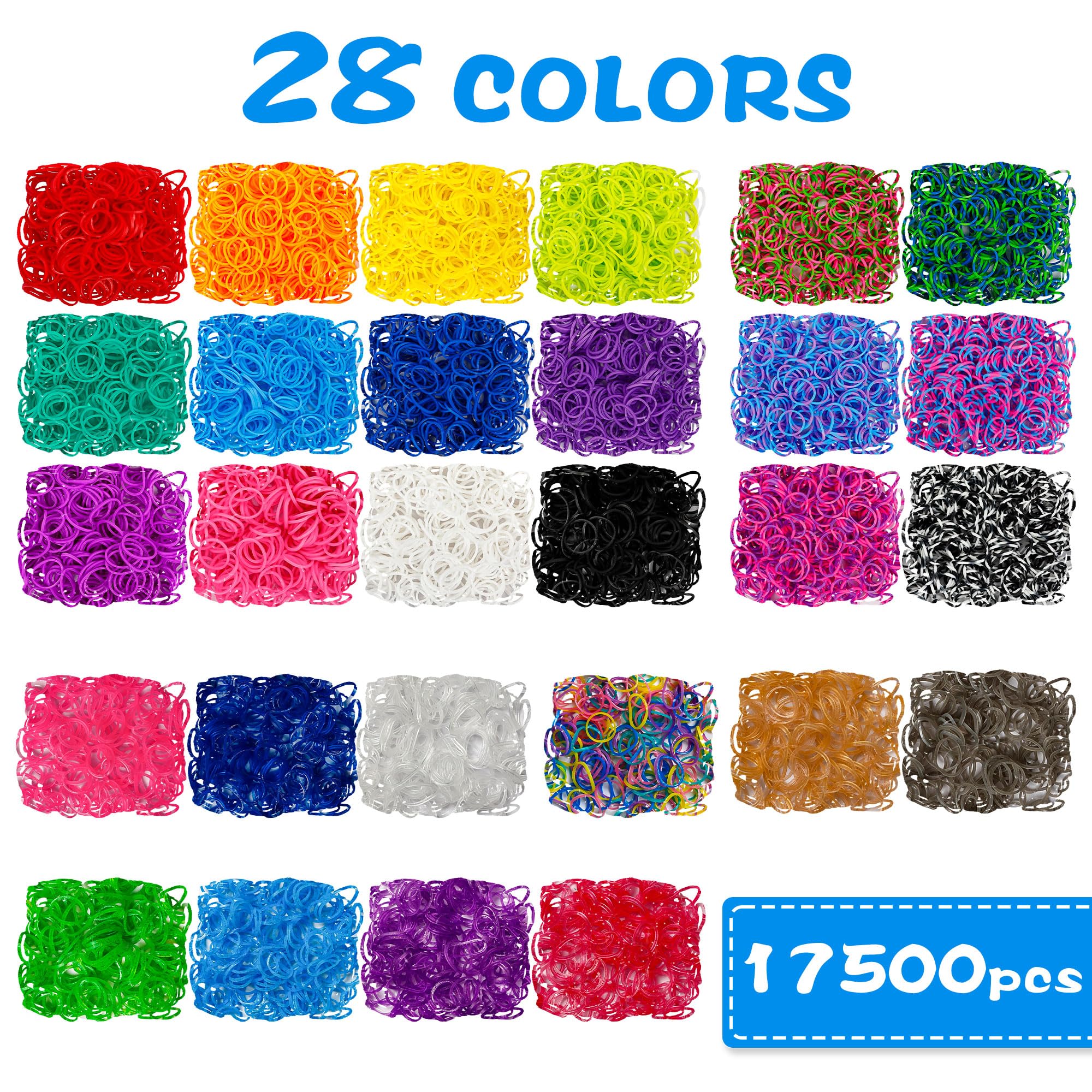 INSCRAFT 17500+ Rubber Loom Bands with 3 Layer Light Purple Container, 28 Colors, 600 S-Clips, 352 Beads, 40 Cartoon Pendant, Bracelet Making Refill Kit for Kids