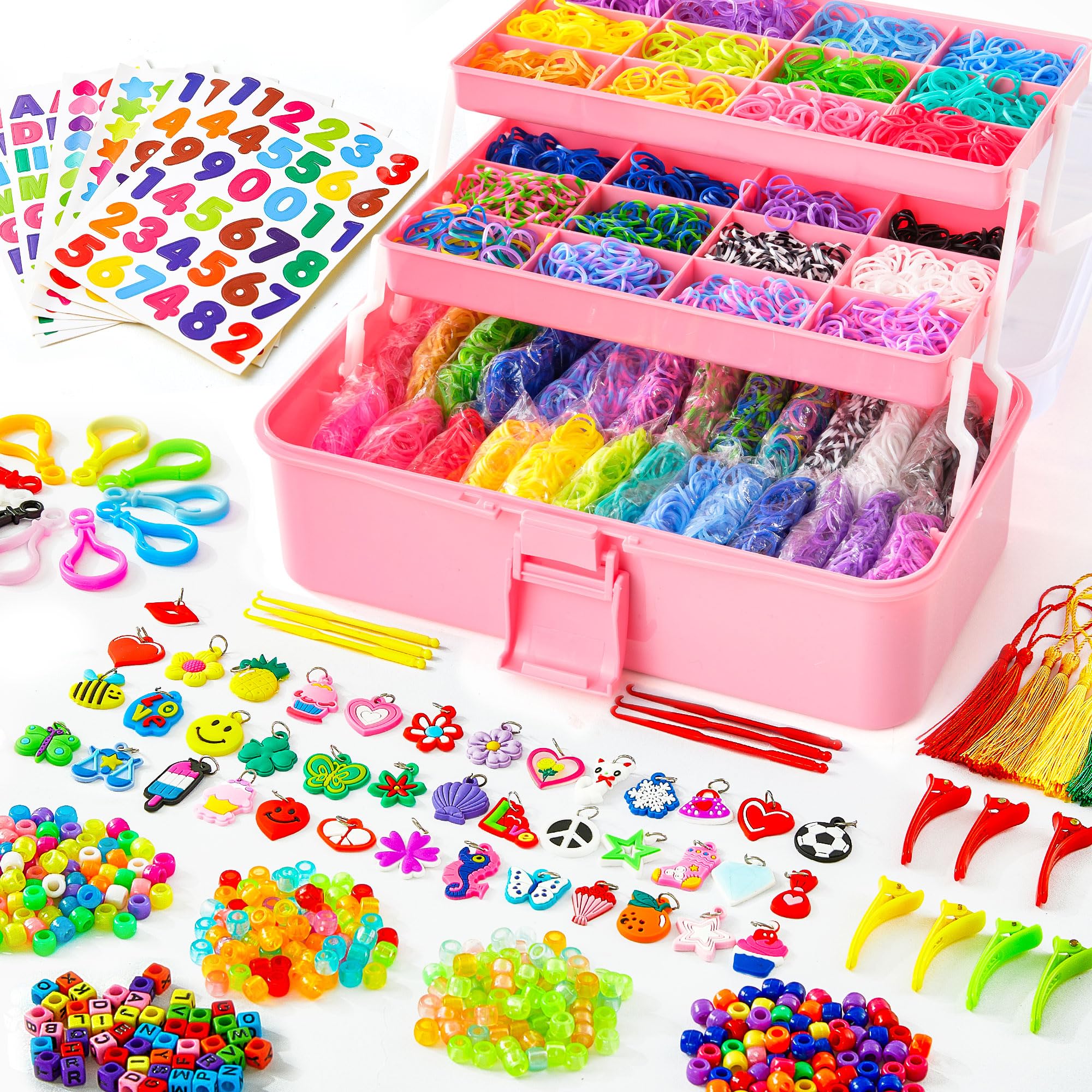 INSCRAFT 17500+ Rubber Loom Bands with 3 Layer Light Purple Container, 28 Colors, 600 S-Clips, 352 Beads, 40 Cartoon Pendant, Bracelet Making Refill Kit for Kids