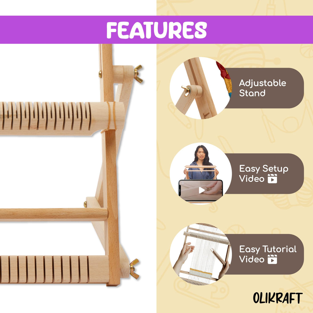 Olikraft Weaving Loom for Kids & Adults with Adjustable Stand - Wooden Loom. Weaving Kit. Telar. (Large)